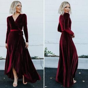 Elegant Velvet Wrap Dress in Deep Red